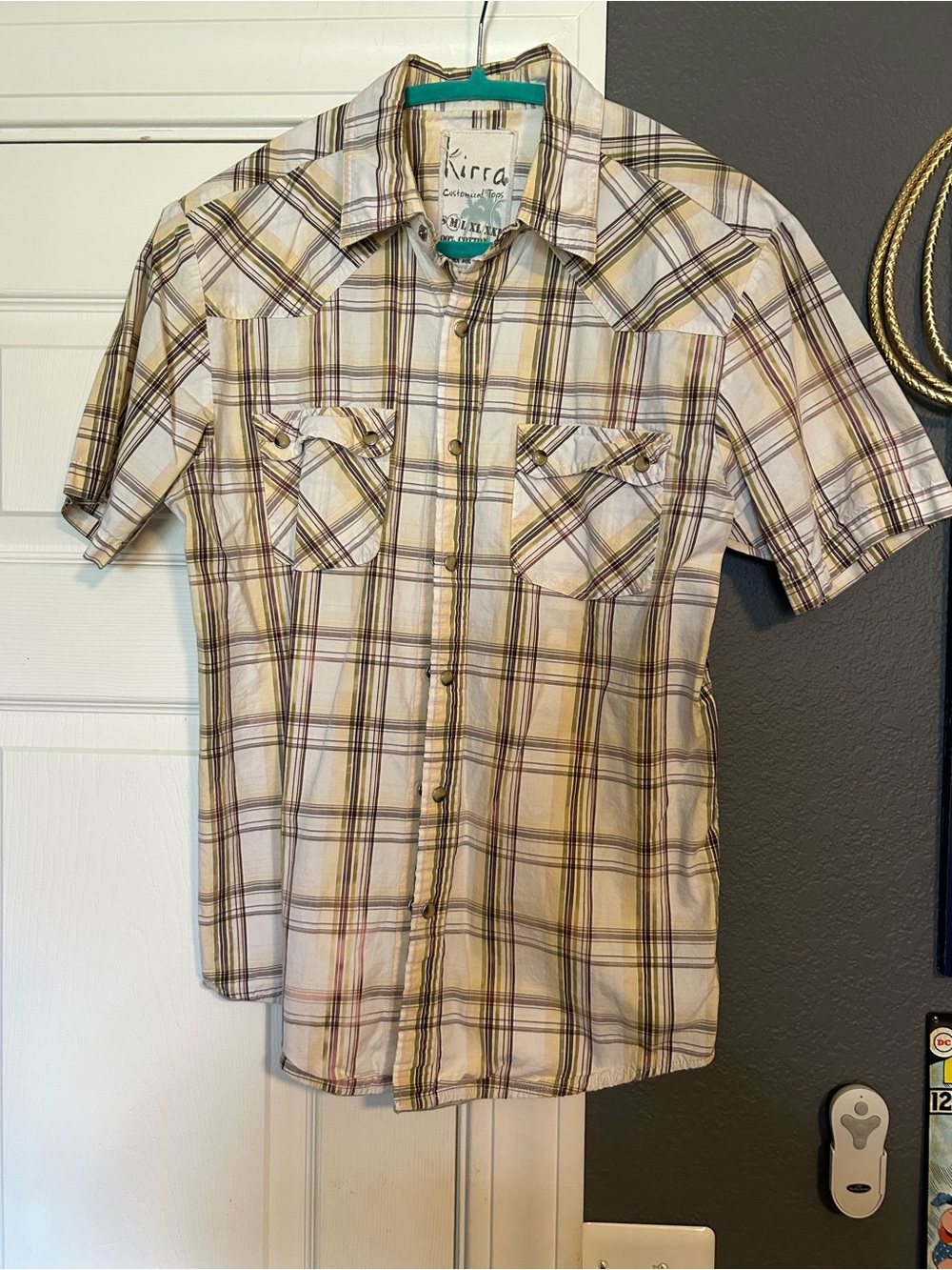 Kirra Men’s Short Sleeve Plaid Button-Up Shirt - Cream, Yellow, Black